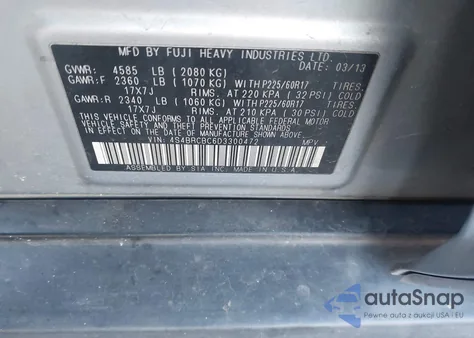 2013 Subaru Outback 2.5I Premium z USA, uszkodzony, nr VIN 4S4BRCBC6D3300472